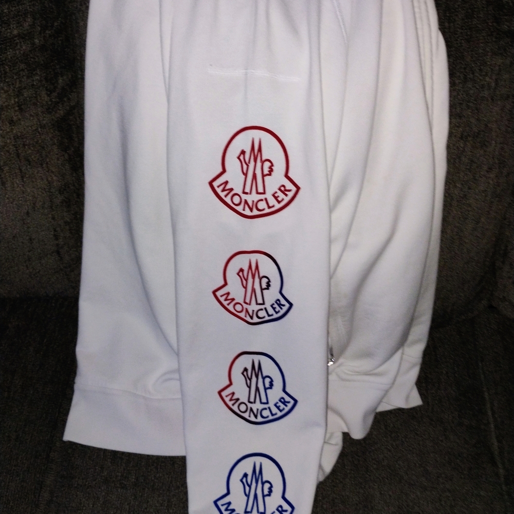 Moncler White Jacket with Red and Blue Logo Accents